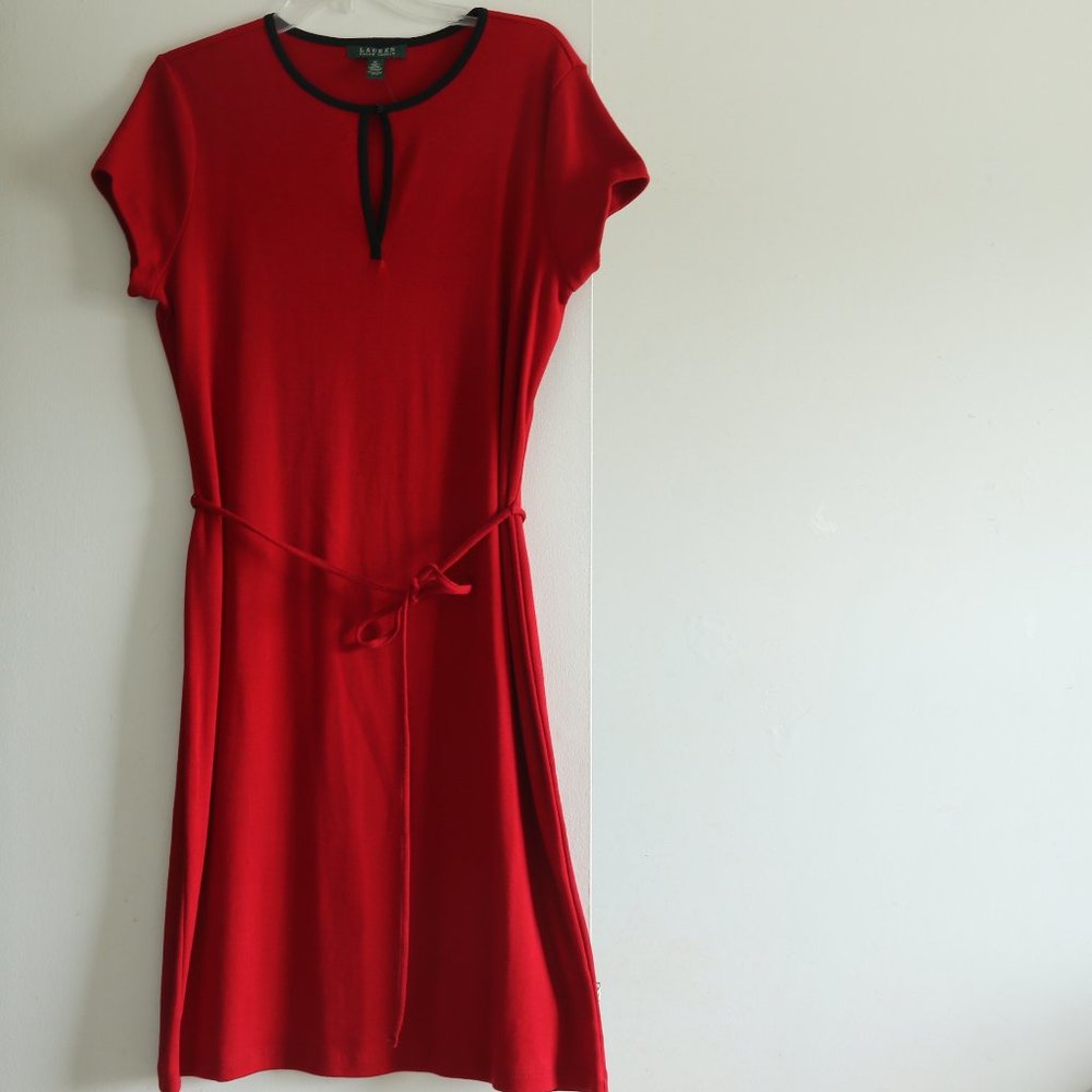 Ralph Lauren Keyhole Red Dress Short Sleeve 100% Cotton XL Belted New